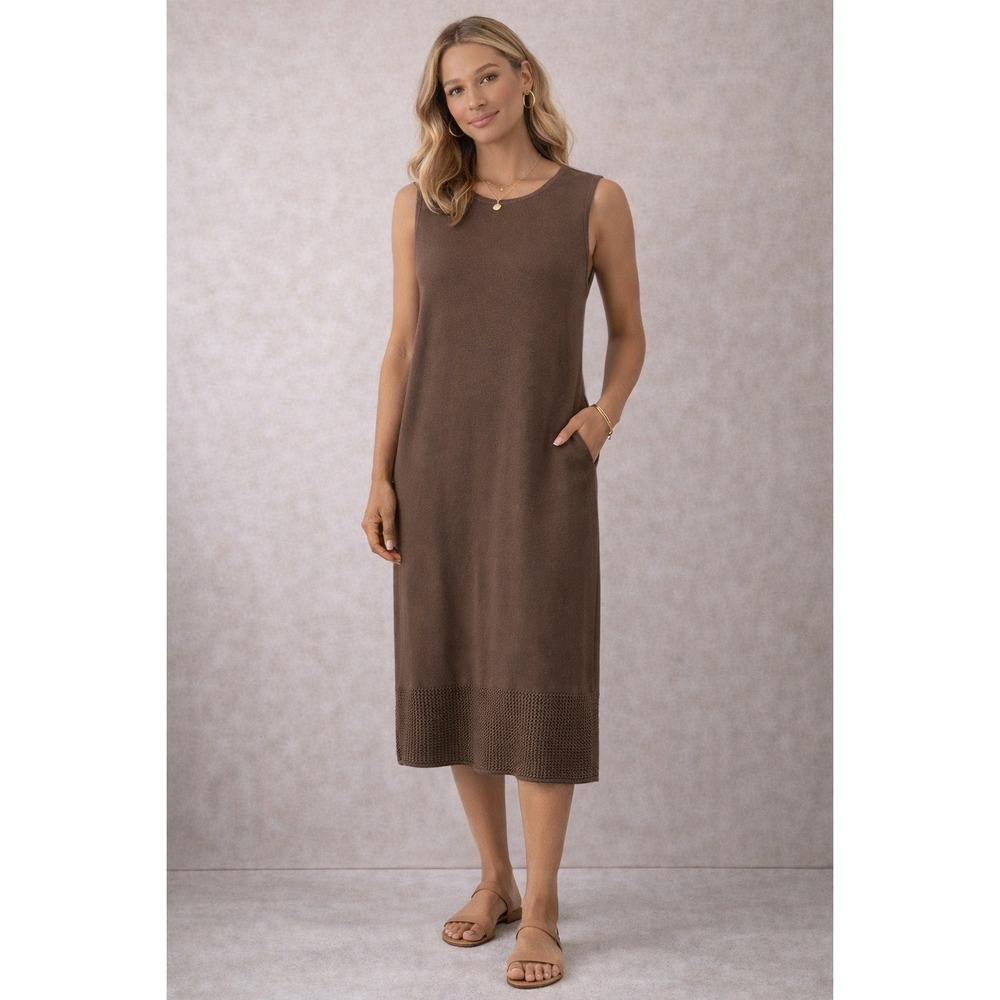 Worth New York‎ Brown Knit Sleeveless Midi Dress Crochet Hem Pockets Size M